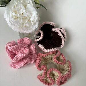 Crochet Scrunchies Handmade. Pink, cream and brown combination colors.